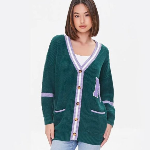 Forever 21 Green Varsity Striped Cardigan Sweater - Picture 1 of 5